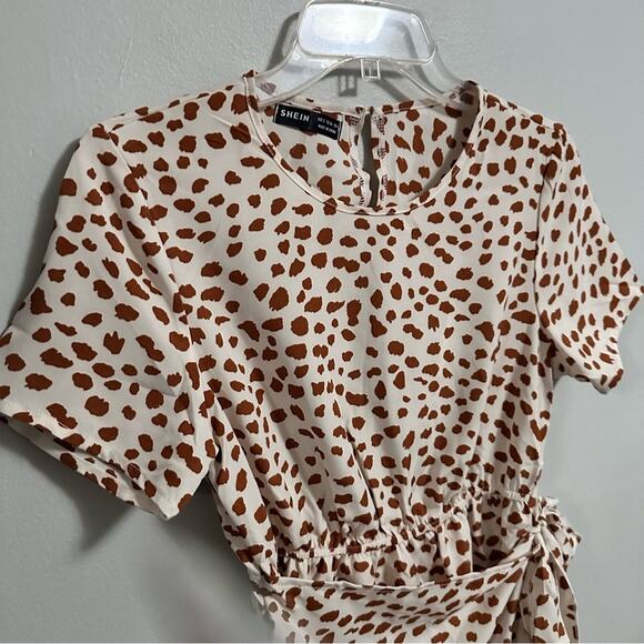Shein Animal Cheetah Print Short Faux Wrap Dress Womens Small Brown White - Picture 5 of 7